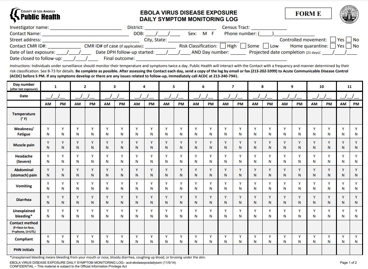 LACDPH Ebola Exposure Daily Symptom Monitoring Log